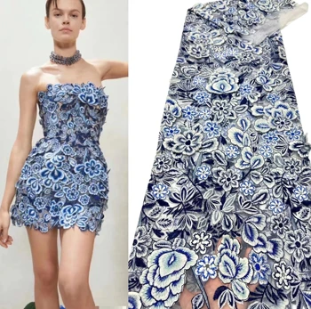 2023 Нов Дизайн, Фантазийное Качество, Синя Многоцветен 3D бродерия, Сетчатое Дантела, Африканска Мрежа, Сватбена Женствена рокля, от плат за Шиене 