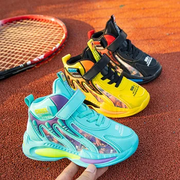 2023 Нова баскетболни обувки, модни детски маратонки с най-високо берцем за момчета, ежедневни спортни обувки за деца, заглушителен меки маратонки за фитнес зала