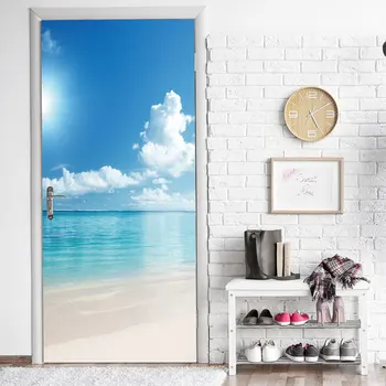 3D Стикер на вратата, Тапети, Самозалепващи стикер на вратата на морския плаж, Стенни картини за спални, баня, Винил плакат, Начало декор, стенни боядисване на врати