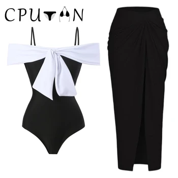 CPUTAN 2023 Бански, Твърди пола за плуване, Дамски Реколта однотонная пола с волани и V-образно деколте, Обхващащи Бикини, Бански, Плажно облекло, облекло за банного костюм