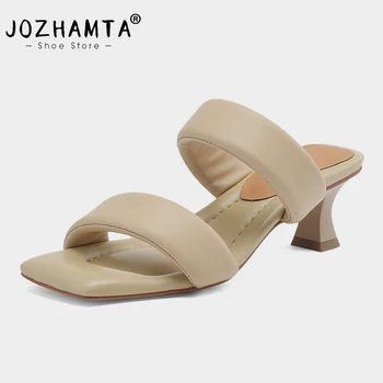JOZHAMTA/Размери 33-40; Дамски Сандали от естествена кожа; Луксозни маркови обувки на висок ток; Летни дамски чехли с квадратни пръсти; Вечерни Джапанки
