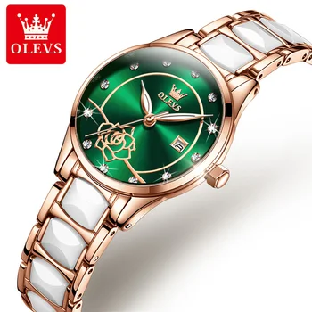 OLEVS 3606, Нови стилни маркови часовници, Модерен бизнес Луксозни дамски часовник с календар, керамични дамски кварцов часовник