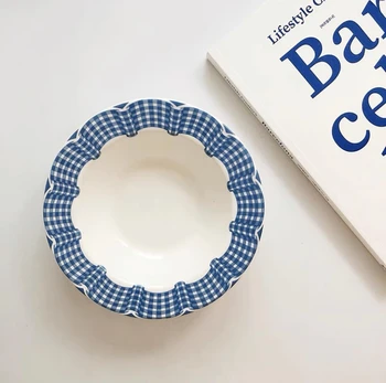 Винтажное дантелено синьо керамично блюдо, проста и елегантна дълбока чиния за десерт за закуска