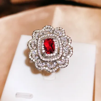 Горещо предложение, за да Създадете Пръстен с имитация на цвете рубин, женски сребърен пръстен проба 925, модерен пръстен с пълна диамантен пръстен, подарък за парти, бижута