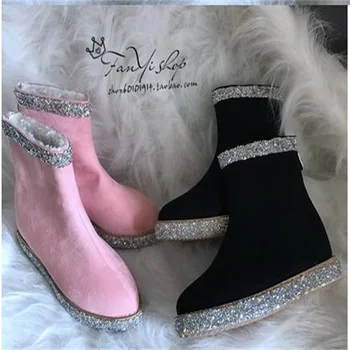 Дамски обувки, ръчно изработени по поръчка, модни, с кристали, с остри пръсти, плюс кадифе, дебели, удобни, топли дамски зимни обувки