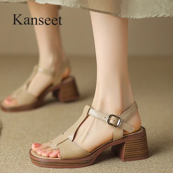 Дамски сандали Kanseet; Лаконичная обувки от естествена кожа, с отворени пръсти; Колекция 2023 г.; Лятно бежевое кайсия елегантна рокля с високи токчета; Дамски обувки