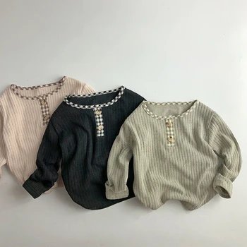 Детски пуловер в корейски стил в контрастен цвят, с кръгло деколте и дълги ръкави, основни тениска за момчета и момичета, тънък случайни вязаный пуловер