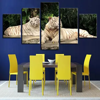 Животни Двойка Тигри, Бели тигри платно Картина на Стенно изкуство, Начало декор 5 Панели HD Печат на снимки Плакат на 5 броя