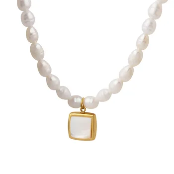Колие от естествени перли за жени, Елегантна верижка с отложено във формата на бяла мивка златен цвят, трендови подарък украса за момичета, търговия на едро