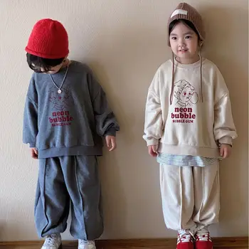 Комплект детски дрехи 2023, Есенен пуловер, за да корейски момичета с хубав модел, подходящ за отдих, отгоре с дълги ръкави + панталони, комплект от две части за момче