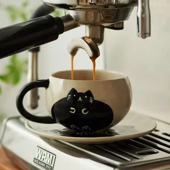 Комплект керамични чаши кафе на Black Cat с тавата, луксозен британски следобеден чай с дръжка, чаша за капучино