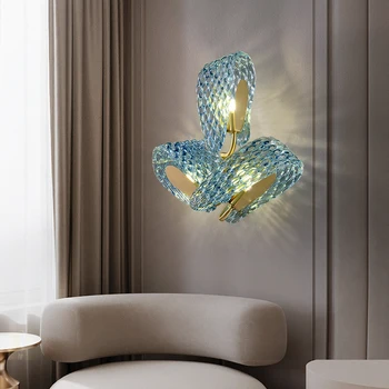 Креативен Синьо Цвете, с монтиран на стената лампа Луксозна Дизайнерска Спалня Таблата Фон на Стените Изцяло Меден Декоративен Стенен лампа за Дневна