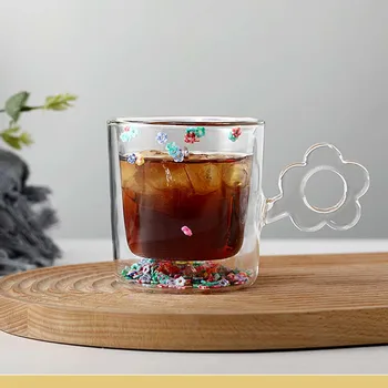 Креативна многоцветен чаша с цветя, плаващи пясъци, Термостойкая, морозостойкая, Двупластова Стъклена Кафеена Чаша, Прозрачна чаша за чай с мляко