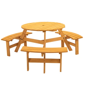 Кръгла дървена маса за пикник на 6 човека на двора, двор, градина, 