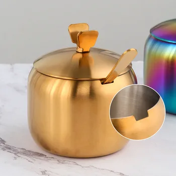 Кухненска Тенджера за подправки от неръждаема Стомана със злато, Прекрасен дизайн, Контейнер за подправки, сол, захар, банка за пипер, инструмент, с капак и лъжица