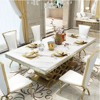 Маса за хранене и столове от постмодерно мрамор с високо качество, комбинация от неръждаема стомана, Crown, апартамент, Златна резбовани мебели
