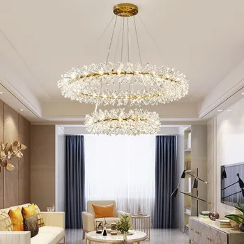 Модерна кристален led полилей за всекидневна, таван, висящи лампи Nordic Светулка Cristal, Луксозни златни лампи за помещения