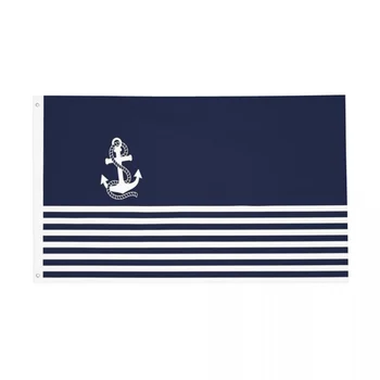Морски Тъмно-синьо райе И Бяло Котва Флаг Банер с 2 Люверсами За Украса на Двустранни Знамена размер 2x3 3x5 4x6 5x8 фута