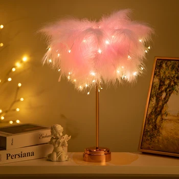Настолна лампа с пера, Акумулаторна романтична лампа с дистанционно управление, универсален топло бяло за парти, сватба, Коледа декор
