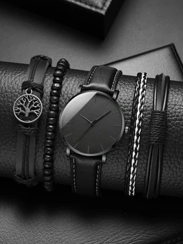 Нови Мъжки часовници, Луксозен комплект Гривни, Модни Бизнес Черни Кожени кварцови часовници За мъже, Подарък, определени Relogio Masculino