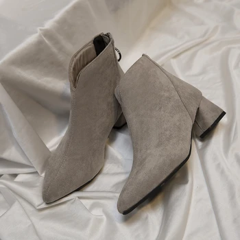 Нови обувки, дамски Къси ботуши на дебелите обувки, Модни Зимно-есенна обувки, Дамски Офис Обувки, Велурени обувки с цип с остри пръсти