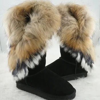 Новият пристигането 2023, Класически дамски зимни ботуши с лисьим кожа, Дамски обувки от естествена кожа, дамски зимни обувки от дебел плюш
