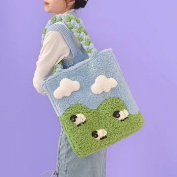 Оригинална дамска чанта от овча вълна за есен и зима, Голям капацитет едно рамо за ученичките в класа си, скъпа чанта-тоут