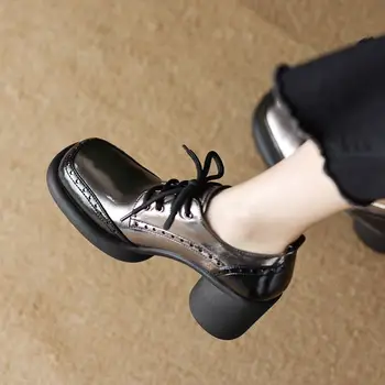 Размери 34-41, Висококачествени дамски обувки от естествена кожа в дебела подметка, водоустойчив, модни и ежедневни обувки на висок ток, удобна за разходка