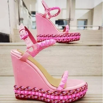 Розови Пикантни Тъкани Сандали, обувки на висок ток с катарама и шипове, Дамски обувки на дебелите обувки на платформа, Сватбени Туфли2023New Zapatos Para Mujere