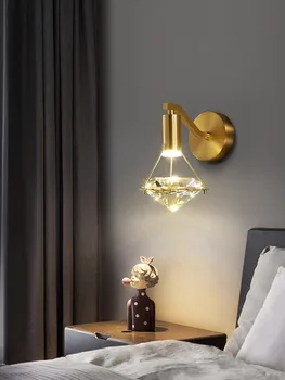 Стилен стенен лампа с кристали и диаманти, Декор за баня, Модерен и Луксозен Златен монтиран на стената лампа за вътрешно обзавеждане, Спалня, Хол, Стенни аплици