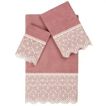 Традиционен/модерен Комплект хавлиени кърпи от турски памук Arian Крем, украсени с дантела, от 3 теми, розово и розово