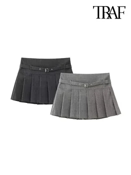 ТРАФИКА на Дамски модни плисирани къси панталони с колан, Поли, реколта дамски къси панталони с висока талия и страничен цип