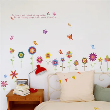 Цветни стенни стикер с абстрактно цвете и пеперуда за хол, спалня, первази, стълби, декориране на дома, рисувани стенни растения, художествена стикер