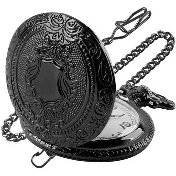 Черни Фини кварцови часовници джоб с издълбани емблема, реколта аксесоари за господа, мъжки и дамски часовници-огърлица, подарък