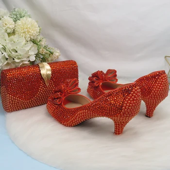 2023 Ново записване, женски сватбени обувки с оранжев кристал и съответните пазарски чанти, Високи обувки-лодка с отворени пръсти, модни обувки с отворени пръсти и чанта