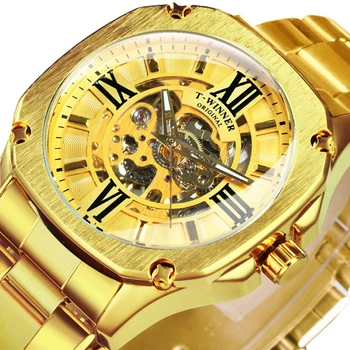 Автоматичен Мъжки часовник WINNER Gold Square Skeleton, Най-добрата марка за Луксозни каишка от неръждаема Стомана, Светещи указатели, Модерен мъжки часовник