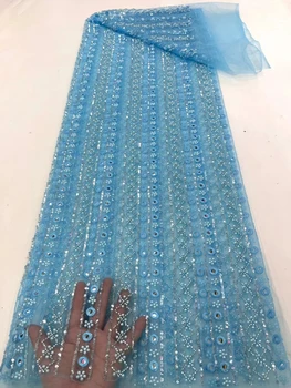 Африкански дантелени платове с пайети Качество 2023, Мода ръчно изработени кристални мъниста, блестящи Тюл, Луксозна френска окото сватба от мъниста