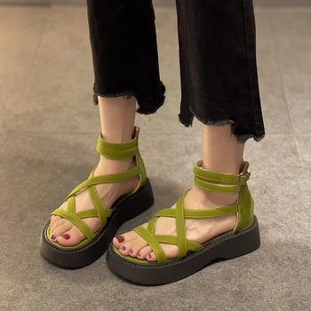 Дизайнерски джапанки на платформа и ток, Дамски сандали в Римски стил с високо берцем, Лятна плажна обувки на дебела подметка с появата на шнур, Zapatos De Mujer