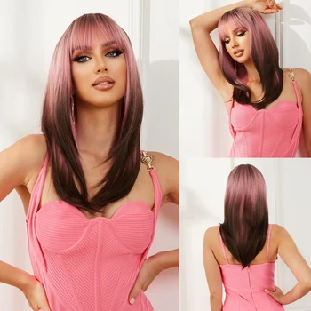 Дълги Многослойни Директни Синтетични перуки Омбре Розово-кафяв цвят на косата за Cosplay, Естествена перука с бретон за жени, вечерни, Висока температура
