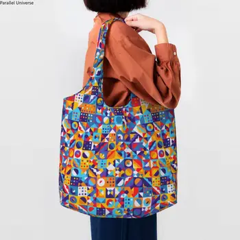 Забавен цветен блок Баухаус Геометрична линия Модерна чанта за пазаруване за многократна употреба употреба Минималистичные чанти за пазаруване от платното за през рамо
