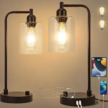 Индустриална нощна настолна лампа, комплект от 2 на 3-полосных лампи с регулируема яркост за спални, USB-нощна лампа със стъклен абажуром, настолни лампи за четене
