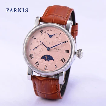 Модерен Мъжки Часовник Parnis 43 мм, с Розов Циферблат и Ръчен Ликвидация, Кожена каишка, Механични Ръчни Часовници с Ръчно От GMT За Мъже reloj hombre 2023