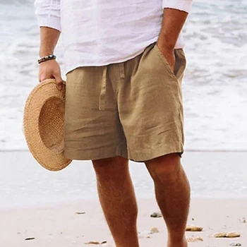 Реколта обикновен Памук, Ленени Шорти за Мъже Пролет-Лято Ежедневните Свободни Къси панталони с завязками дантела прозорци Мъжки Шорти за Почивка на брега на морето